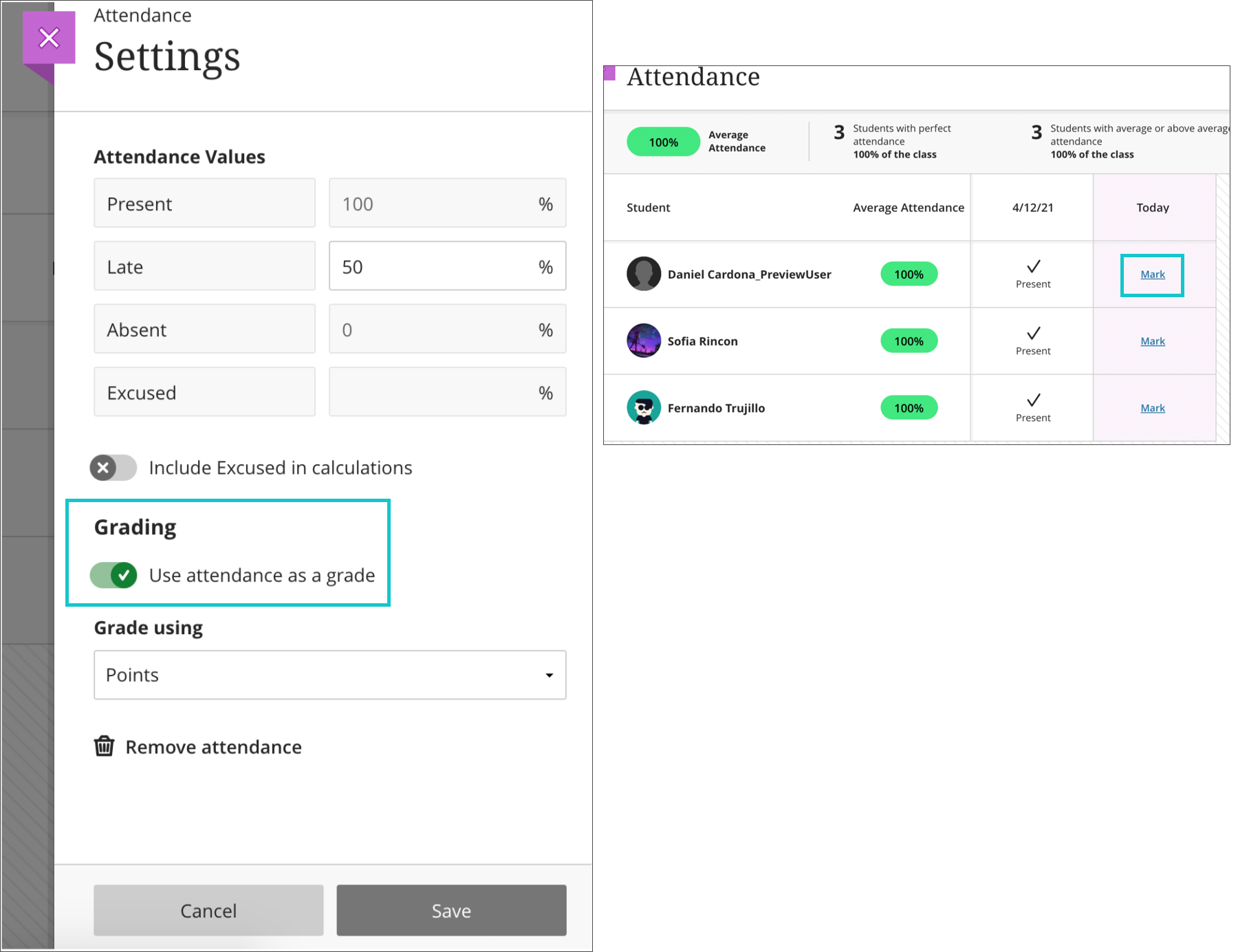 On the left, the Attendance settings panel is open with the "Use attendance as grade" option enabled. On the right, the Attendance page is open with the "Mark" option highlighted 