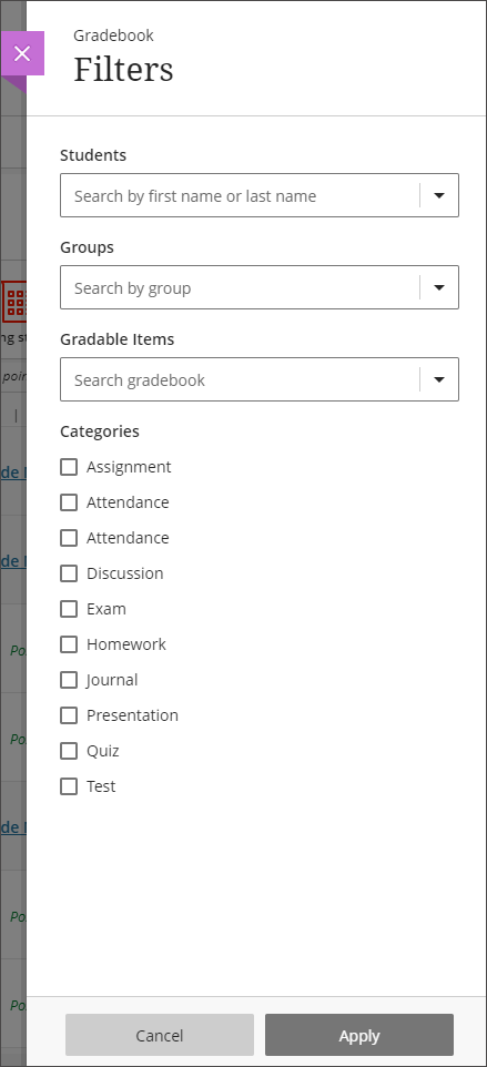 These are the available filters in your Gradebook. You can filter by Student, Group, Gradable items and other categories. 