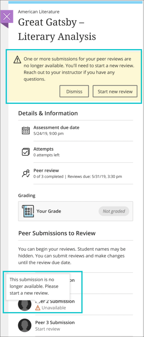The Assignment panel from a Student's view is open with 1) a "One or more submissions for your peer reviews are no longer available" warning message displayed and highlighted, and 2) a "This submission is no longer available" warning message highlighted. 