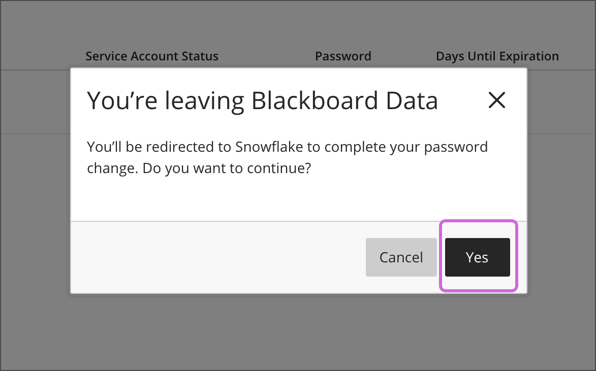 Snowflake redirect modal with yes highlighted with a purple rectangle around it.
