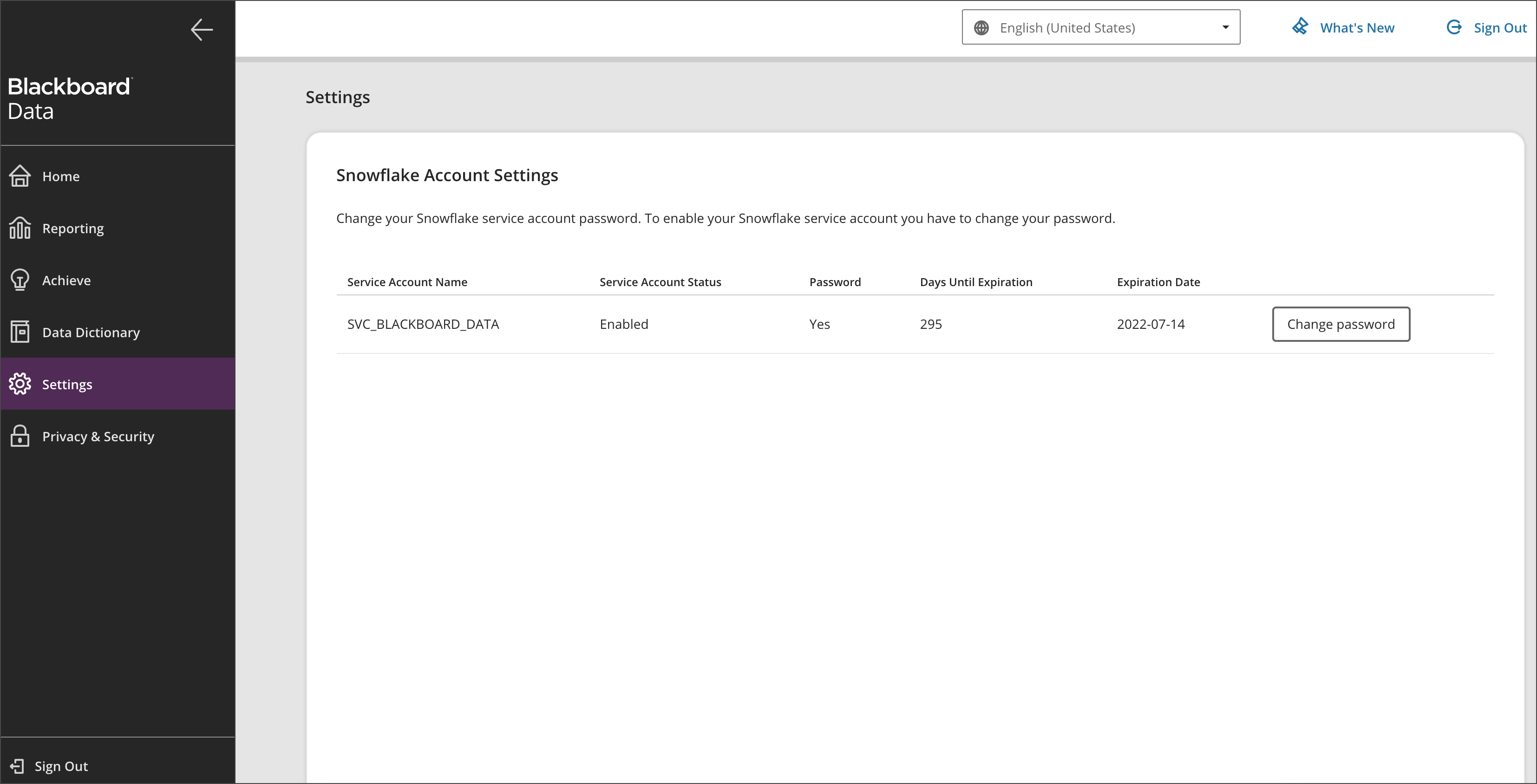 Blackboard Data's Menu Panel with Settings option selected. Snowflake Account Settings on the screen.