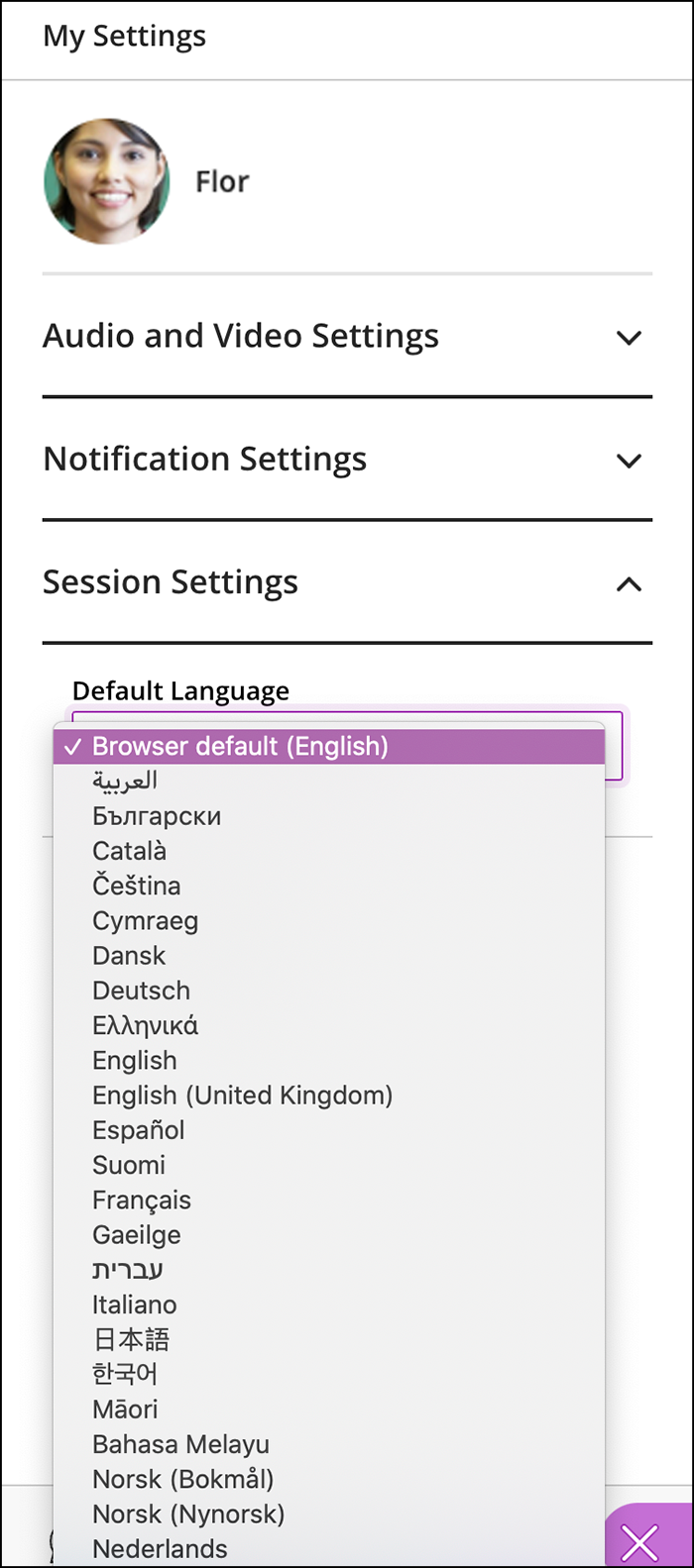 In My Settings under Sessions Settings is a Default Language menu