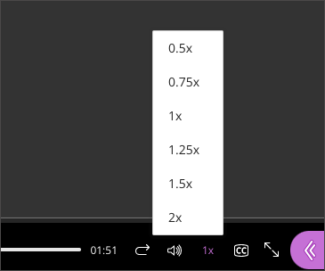 Playback speed option is located between the volume and closed caption options on the recording playback controls.