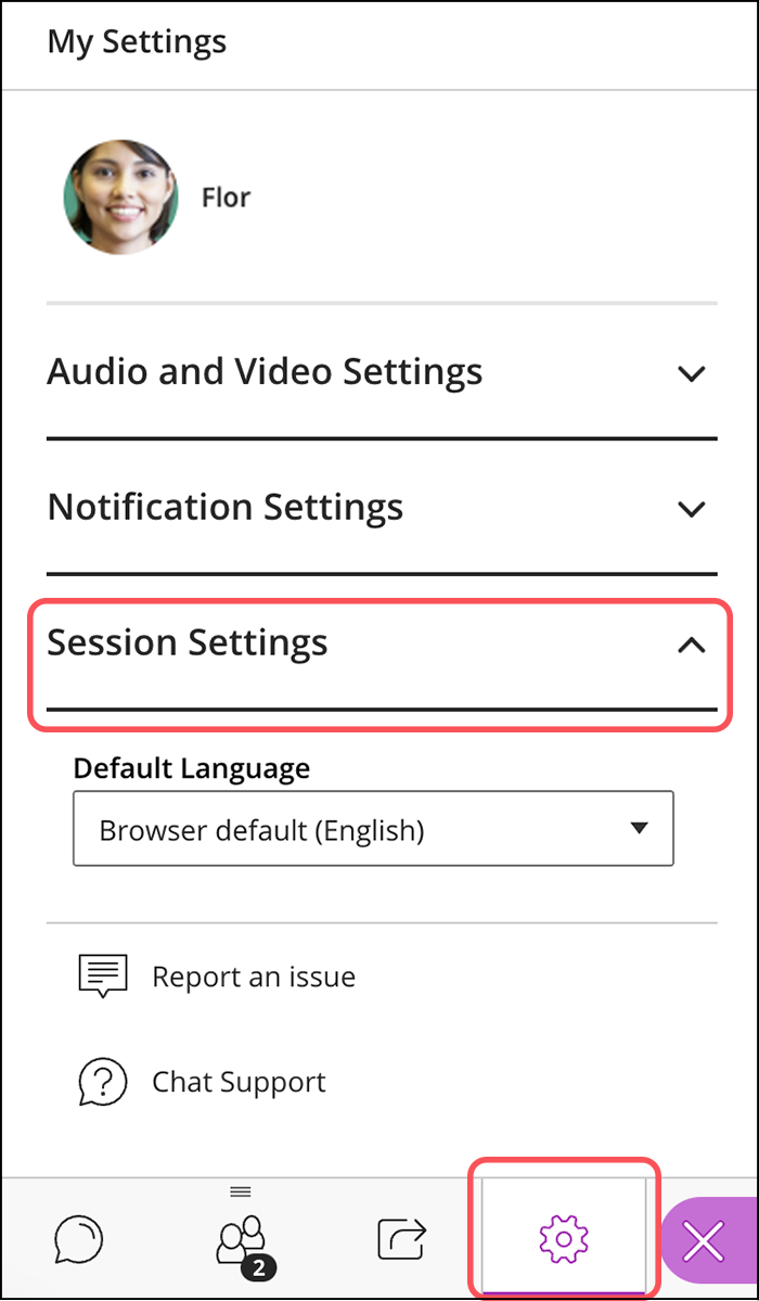 My Settings panel with audio, video, notification, and session settings visible. Session settings is highlighted.