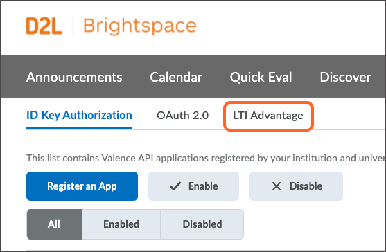Manage extensibility page opened with LTI Advantage tab highlighted