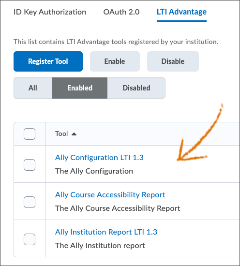 LTI Advantage page is open with a table of tools registered. An arrow points points to the tools to select.