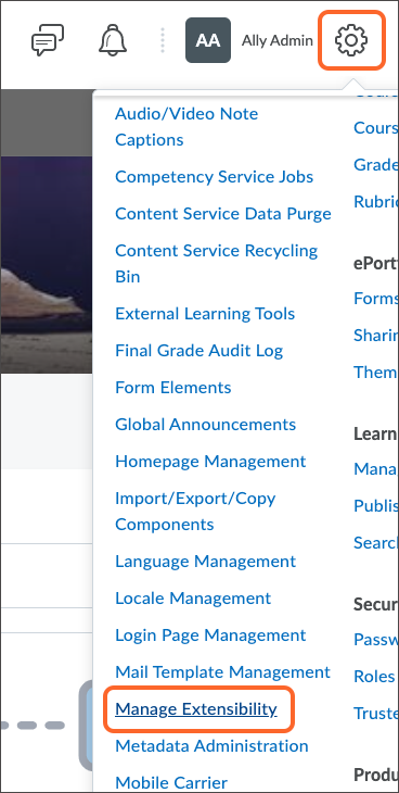 Admin tools menu open with the Manage Extensibility option highlighted.