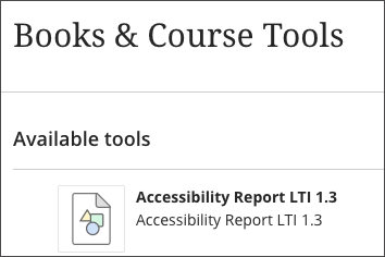 A course books and course tools panel is open showing the Ally report in the list of available tools.