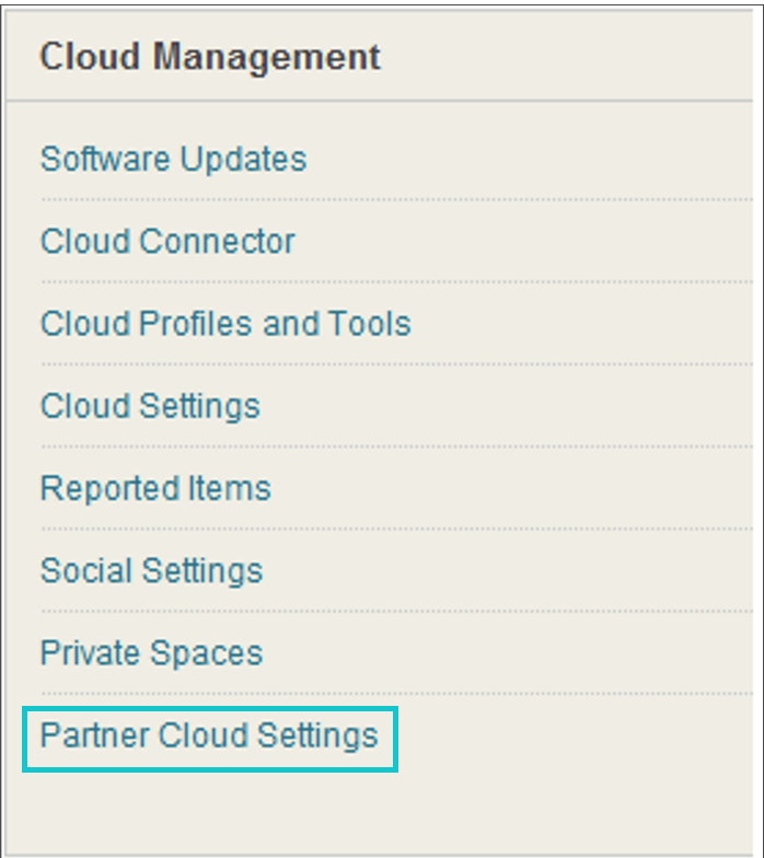 Cloud Partner Configuration and CloudManagement Partner Cloud Settings menu