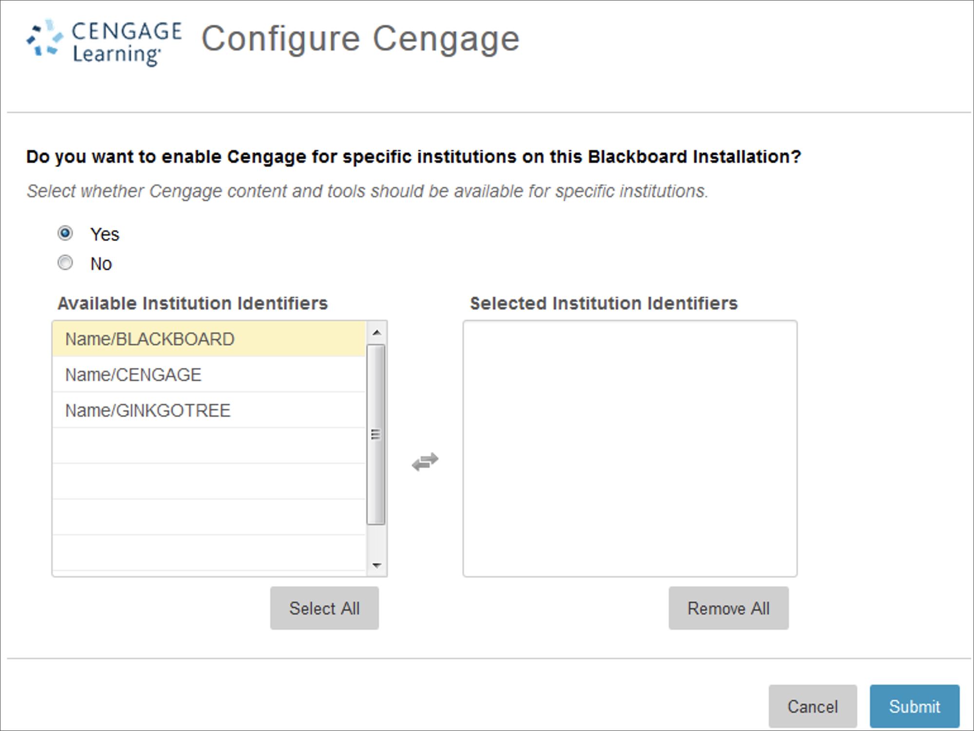 An example of a multi-institution settings interface for the Cengage Learning partner
