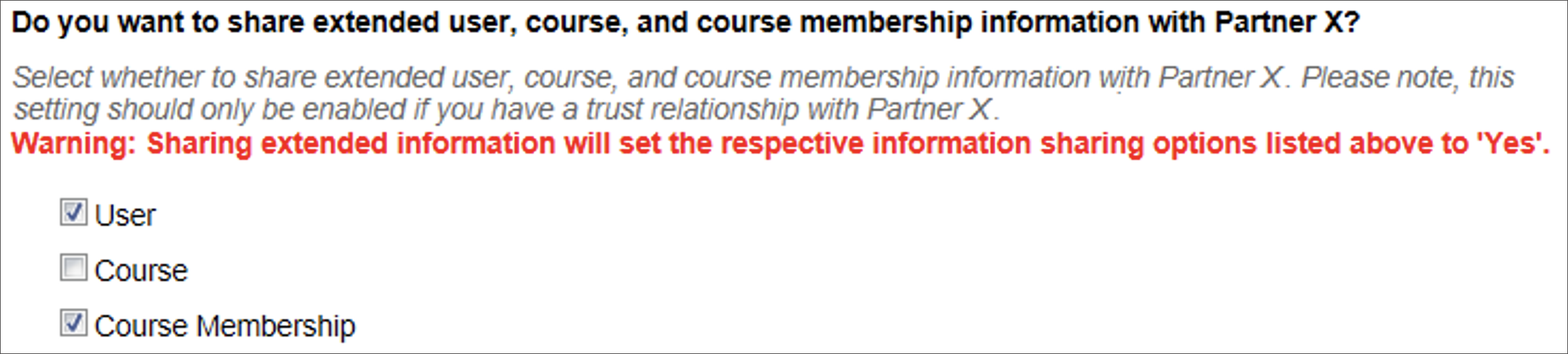 Set extended user and course information with a partner confirmation message