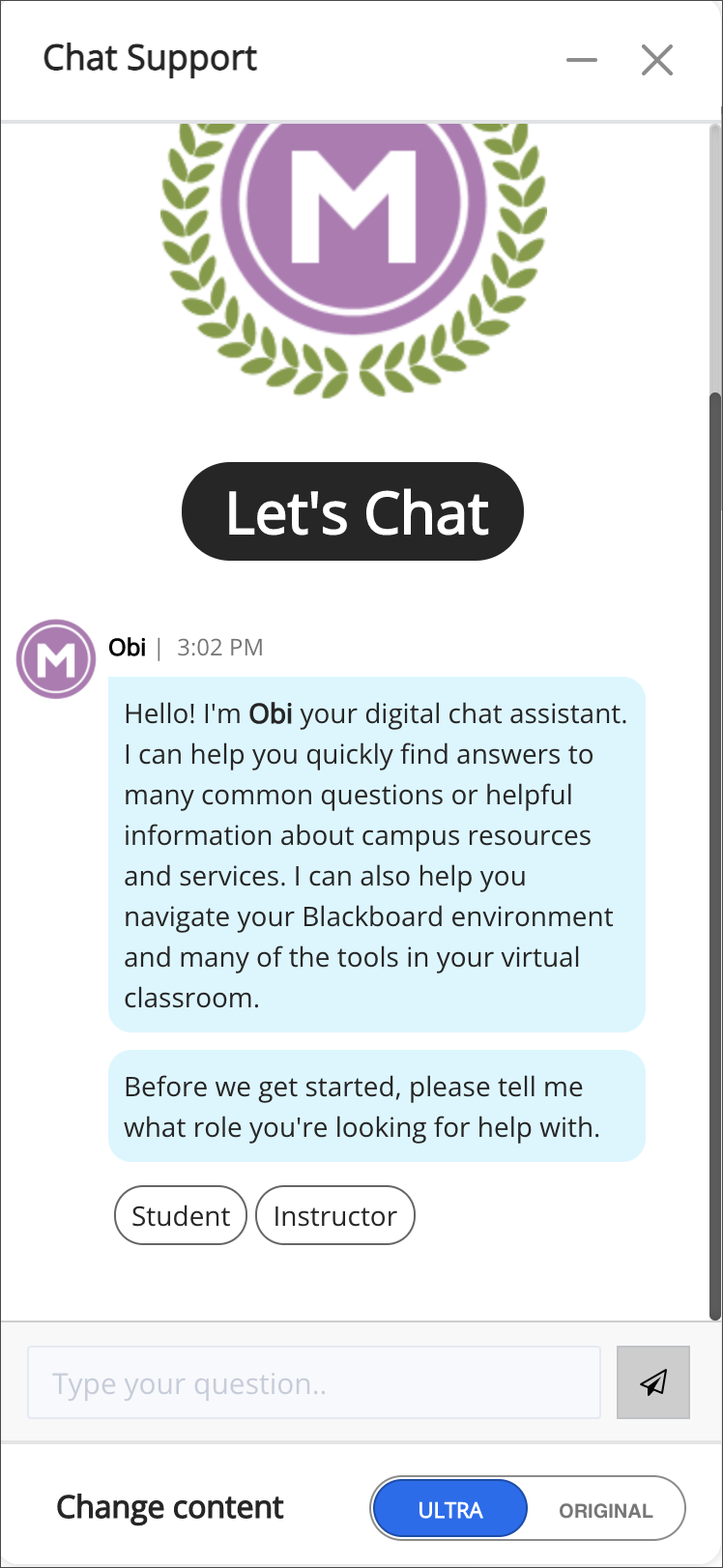Chatbot welcome message and role selection prompt