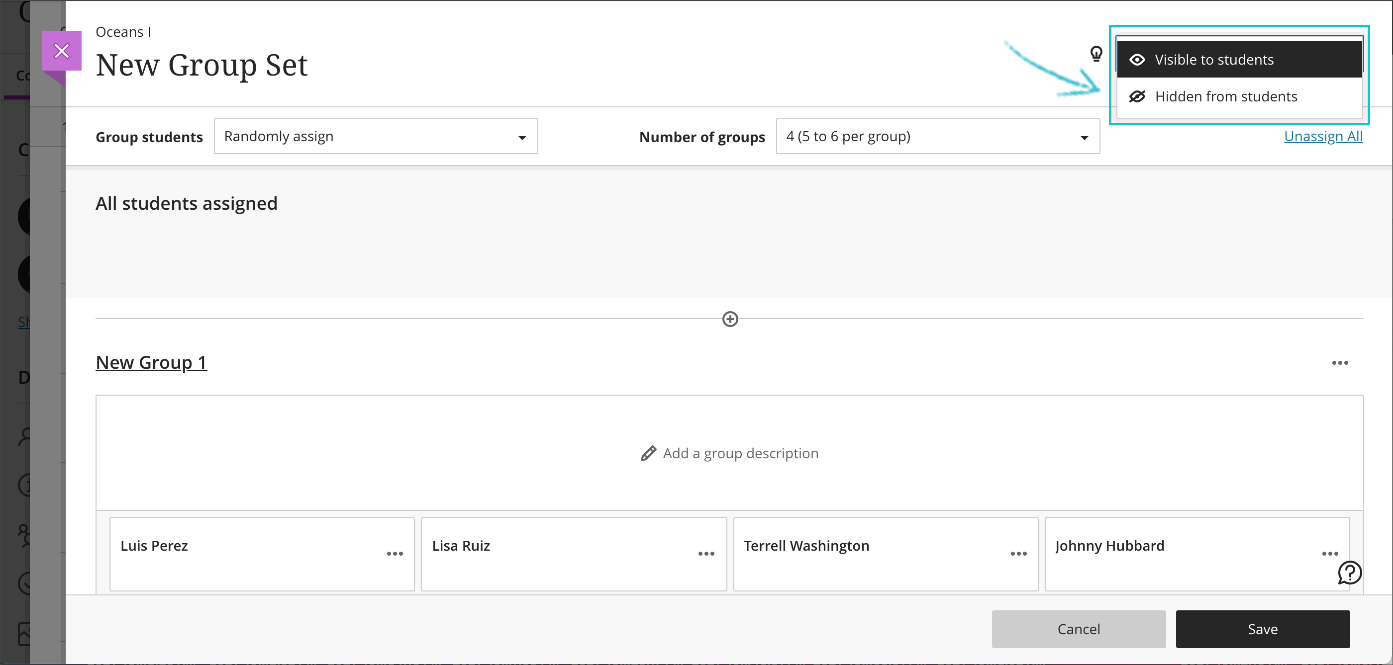 Instructors hide or show groupsets to students while they create them in the gradebook