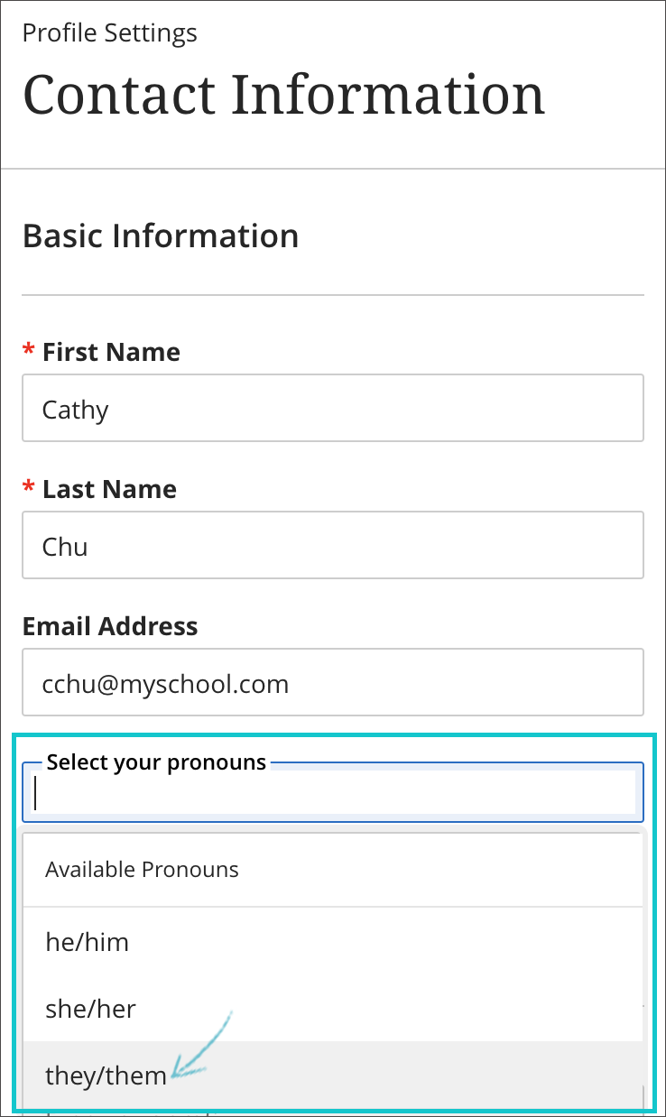 Add pronouns to your profile's basic information as an instructor