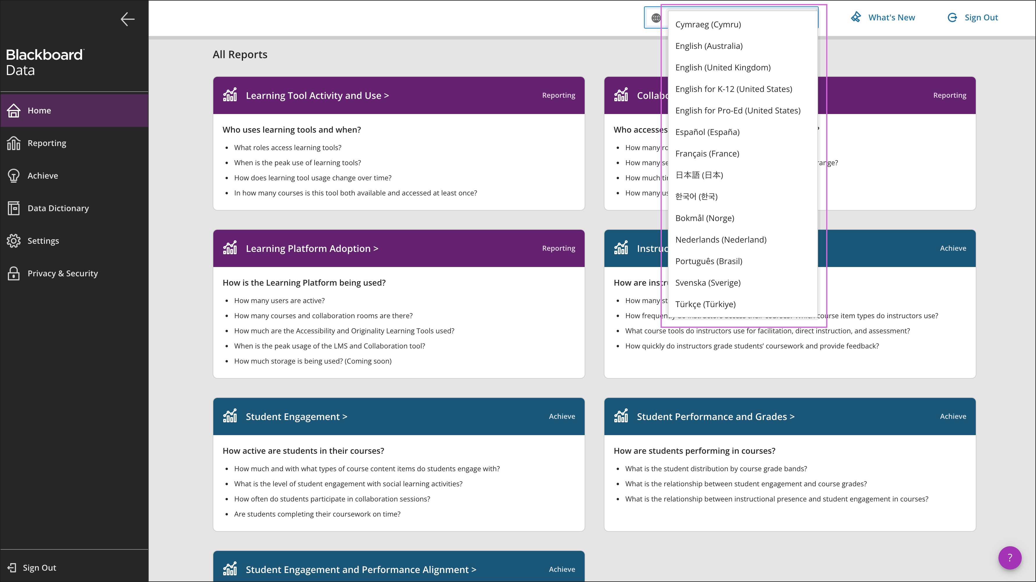 Blackboard Data's Homepage with Language Selector and drop-down list at the right top corner highlighted with a purple rectangle. 