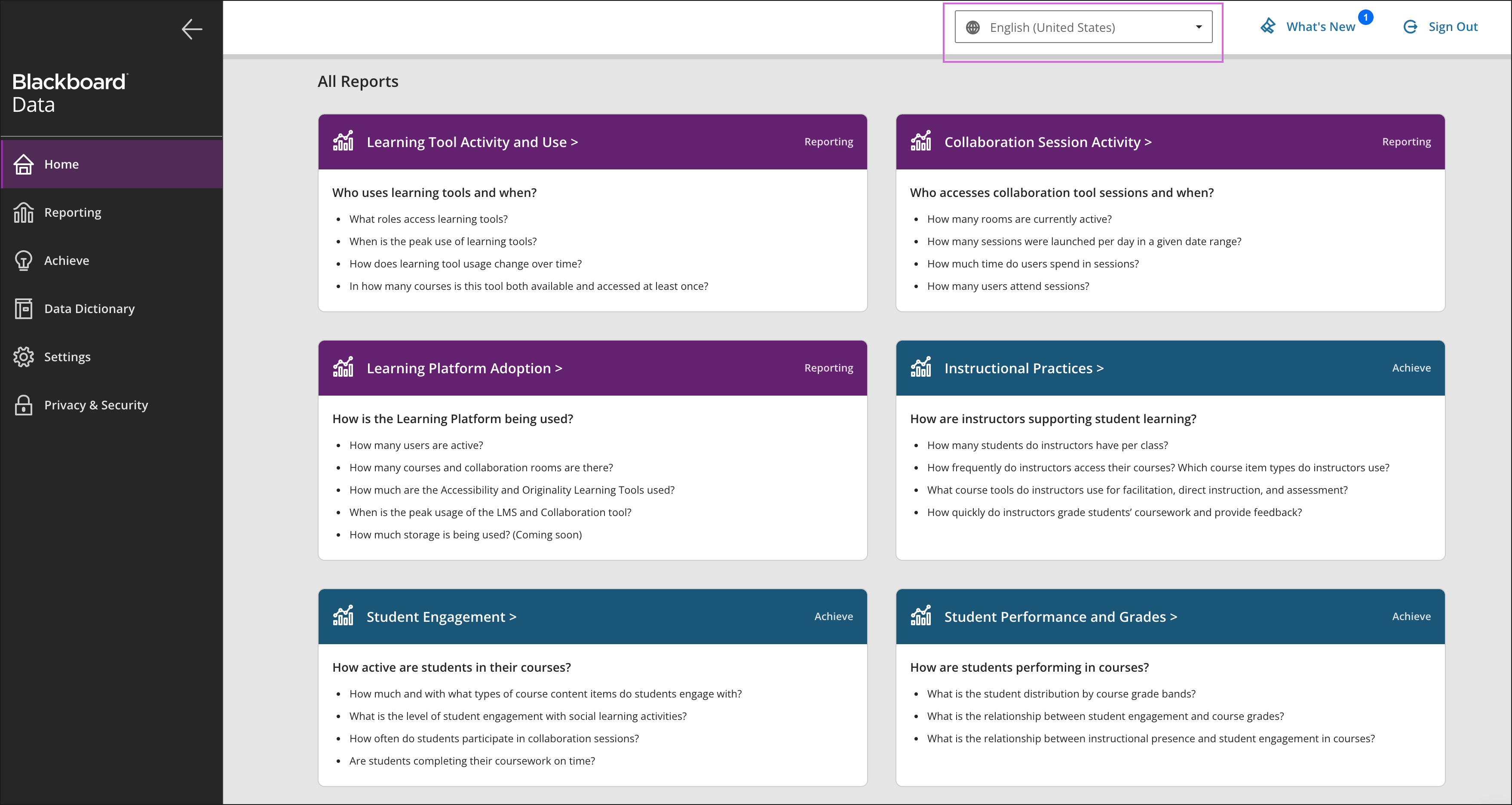Blackboard Data's Homepage with Language Selector at the right top corner highlighted with a purple rectangle. 