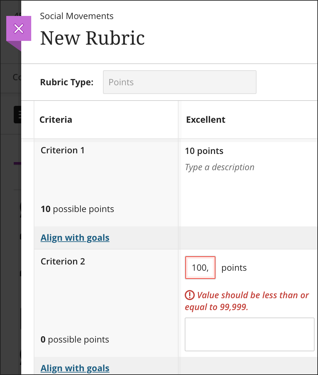 New rubric with point-based criterion. Warning sign shows Value should be less than or equal to 99,999.