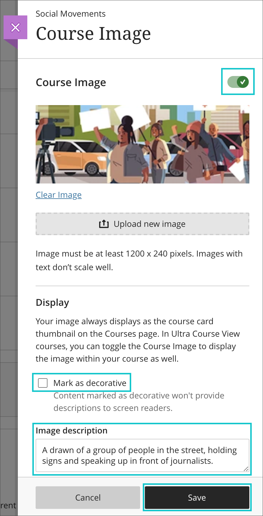 Select all final settings for the image to become a course banner and save it