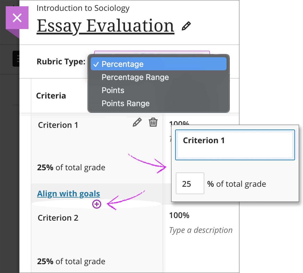 This is how creating a new rubric for a new gradable item looks like. You can select the rubric type from percentage, percentage range, points, and points range. According to your rubric type, you have a row to define each criteria.  