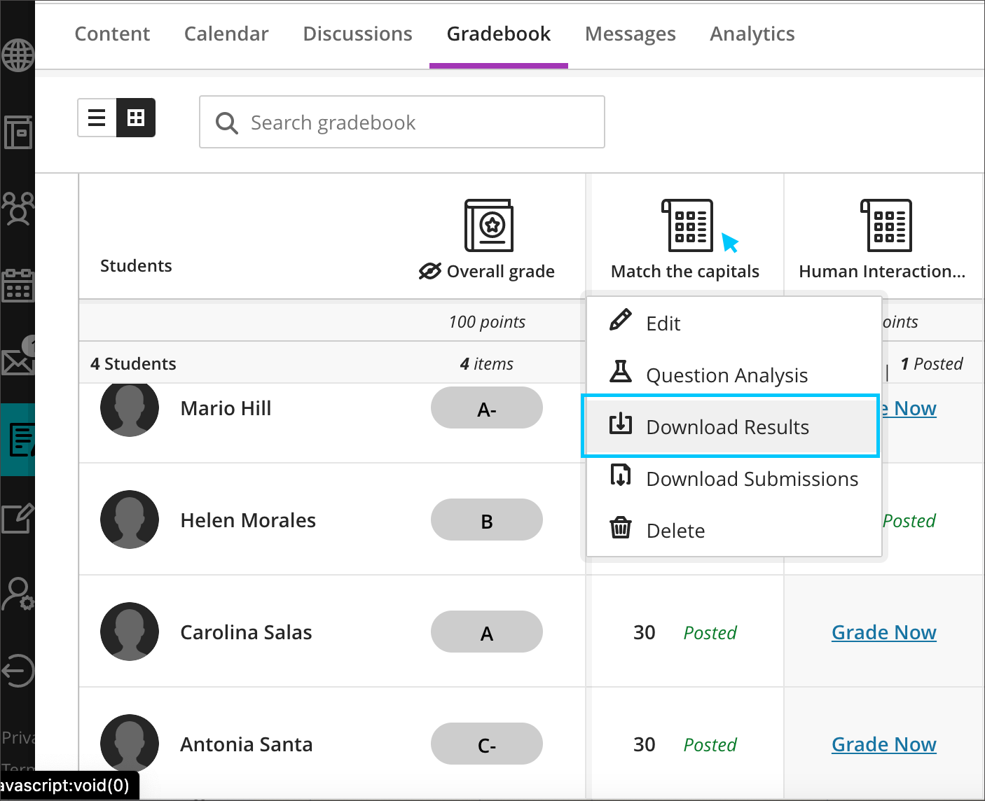 Download Assessment Results option from Gradebook grid view.