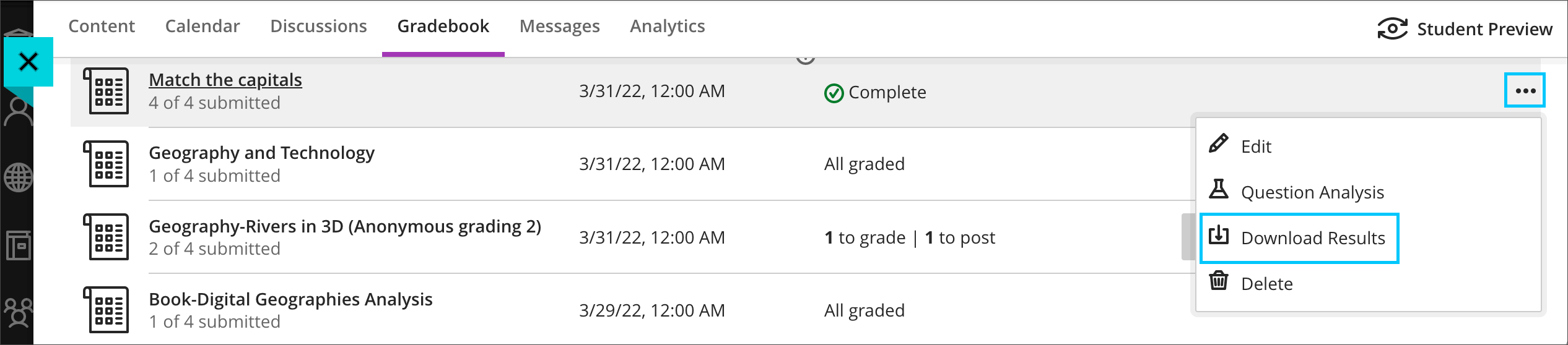 Download Results option from Gradebook grid view highlighted.