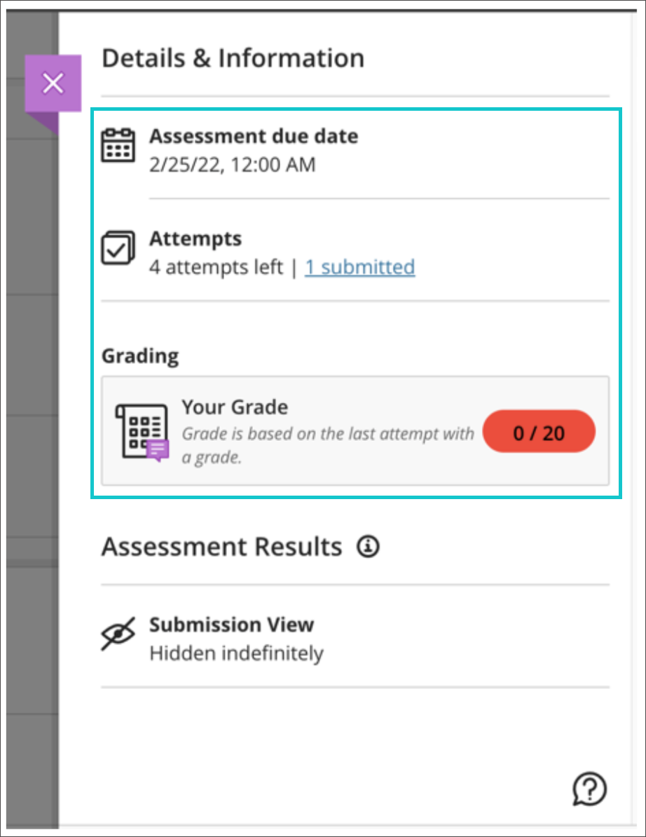 The student can view the due date, number of attempts remaining, number of submissions, and the grade