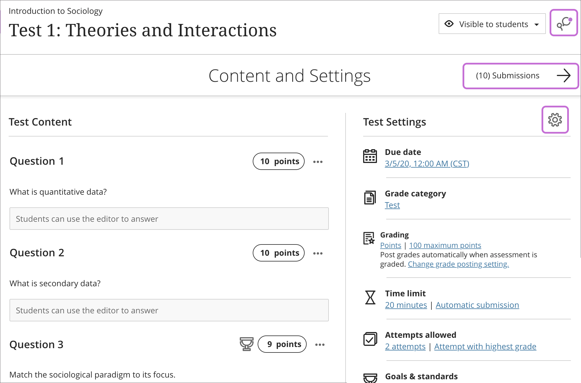 View of test content and test setting. You can also see how many students have submitted the test, or start a conversation. 