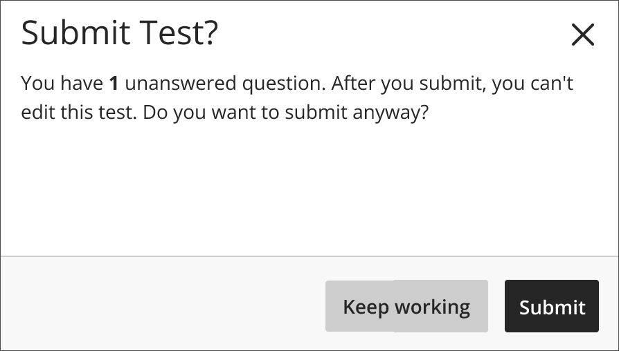 Warning for students to let them know when a question in a test hasn't been answered before submission