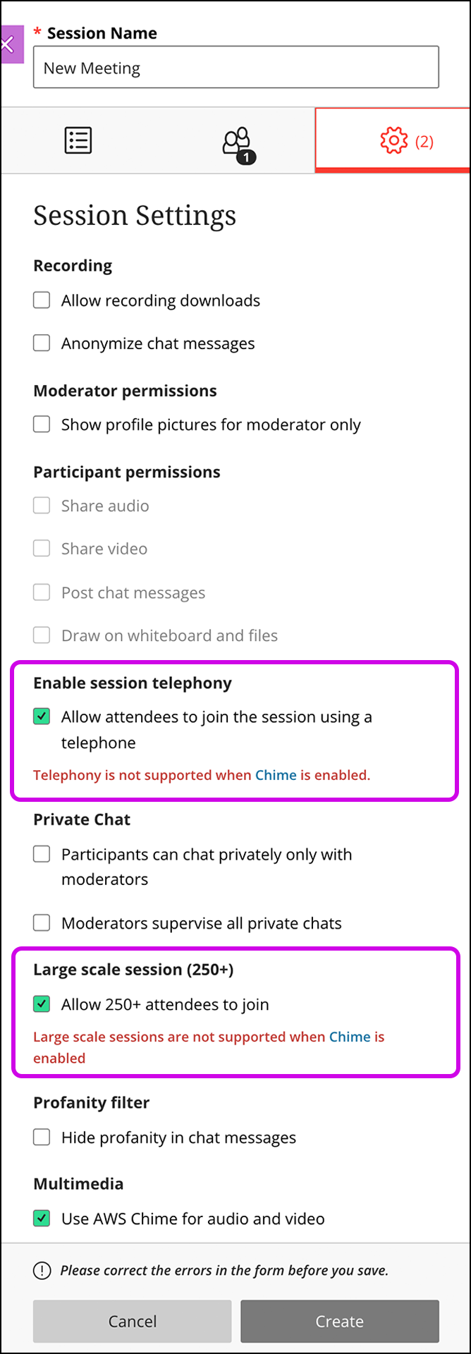 Collaborate session setting open with enable session telephony and large scale sessions highlighted