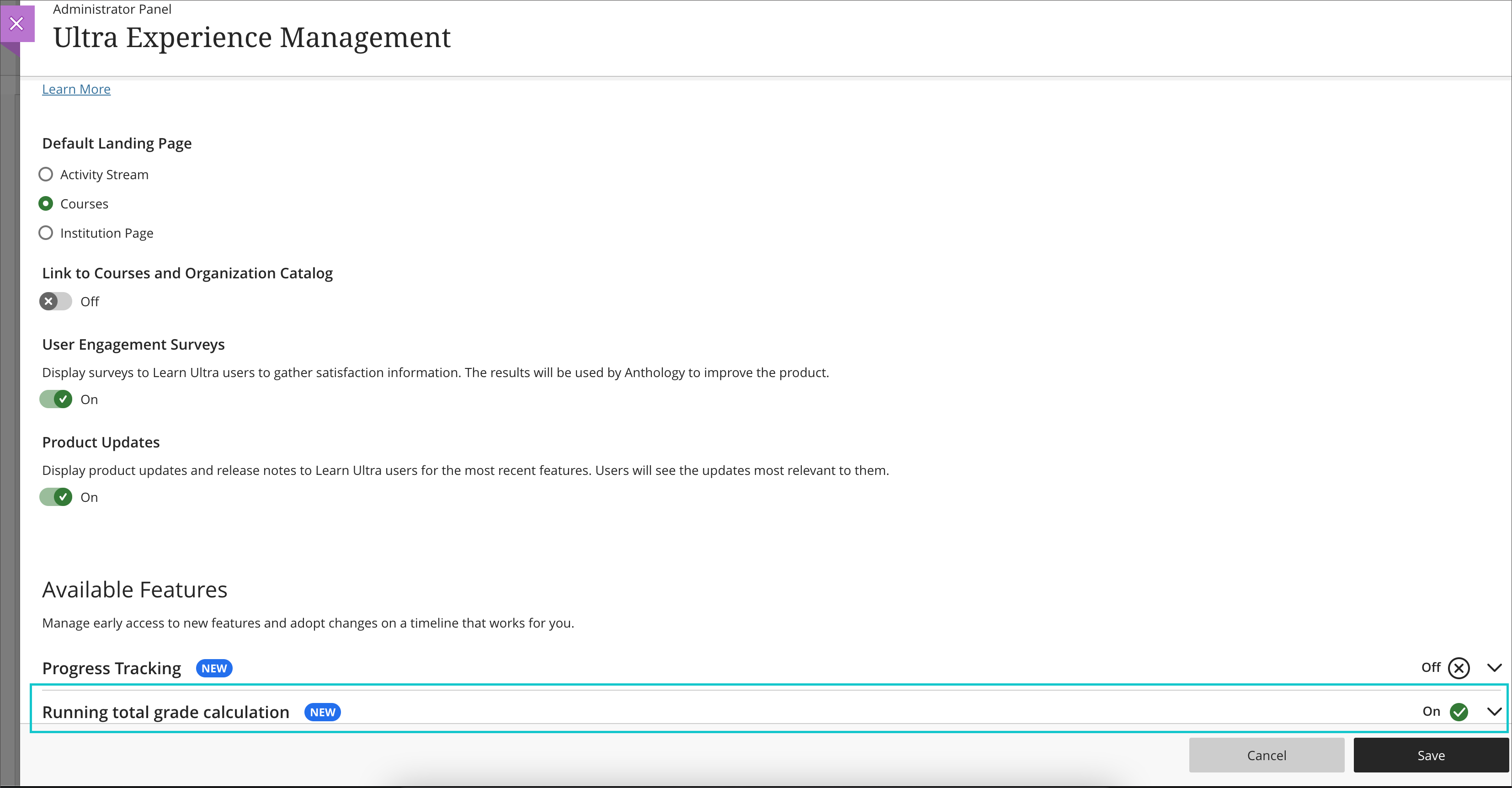Administrator view to configure the feature