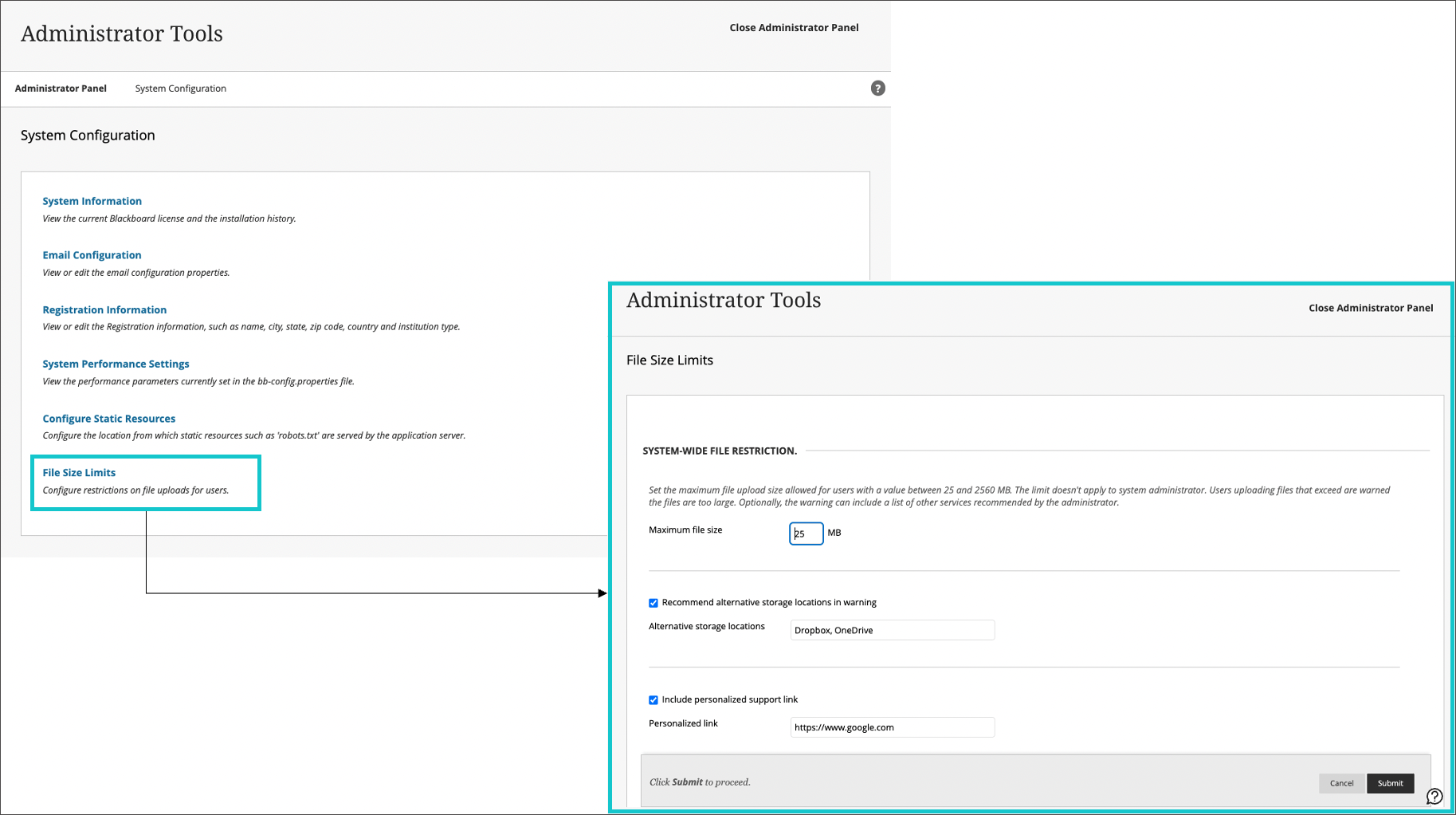 Administrator flow for maximum file size settings, alternative storage, and support link page