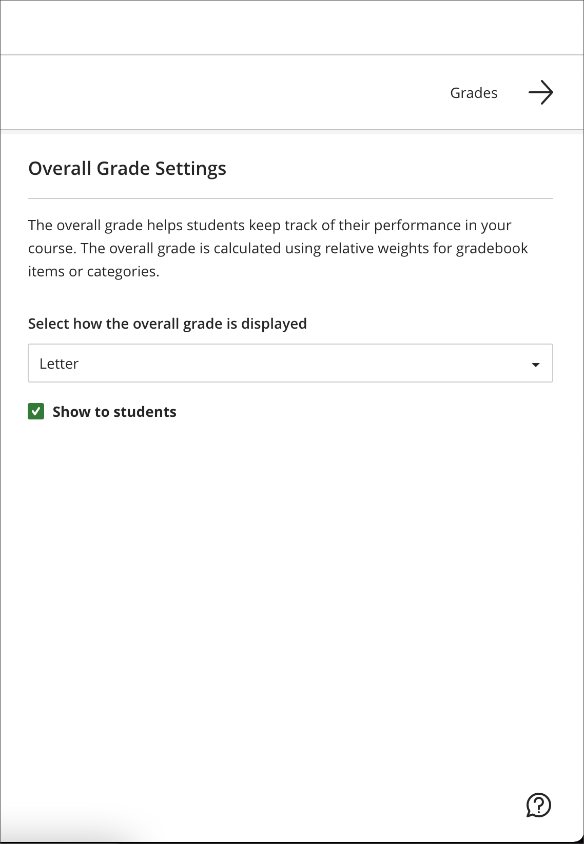 Instructor view of Overall Grade Settings - Before