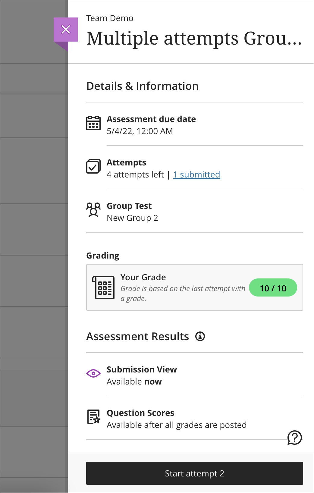 Single student in a group views previous and remaining attempts information and grade