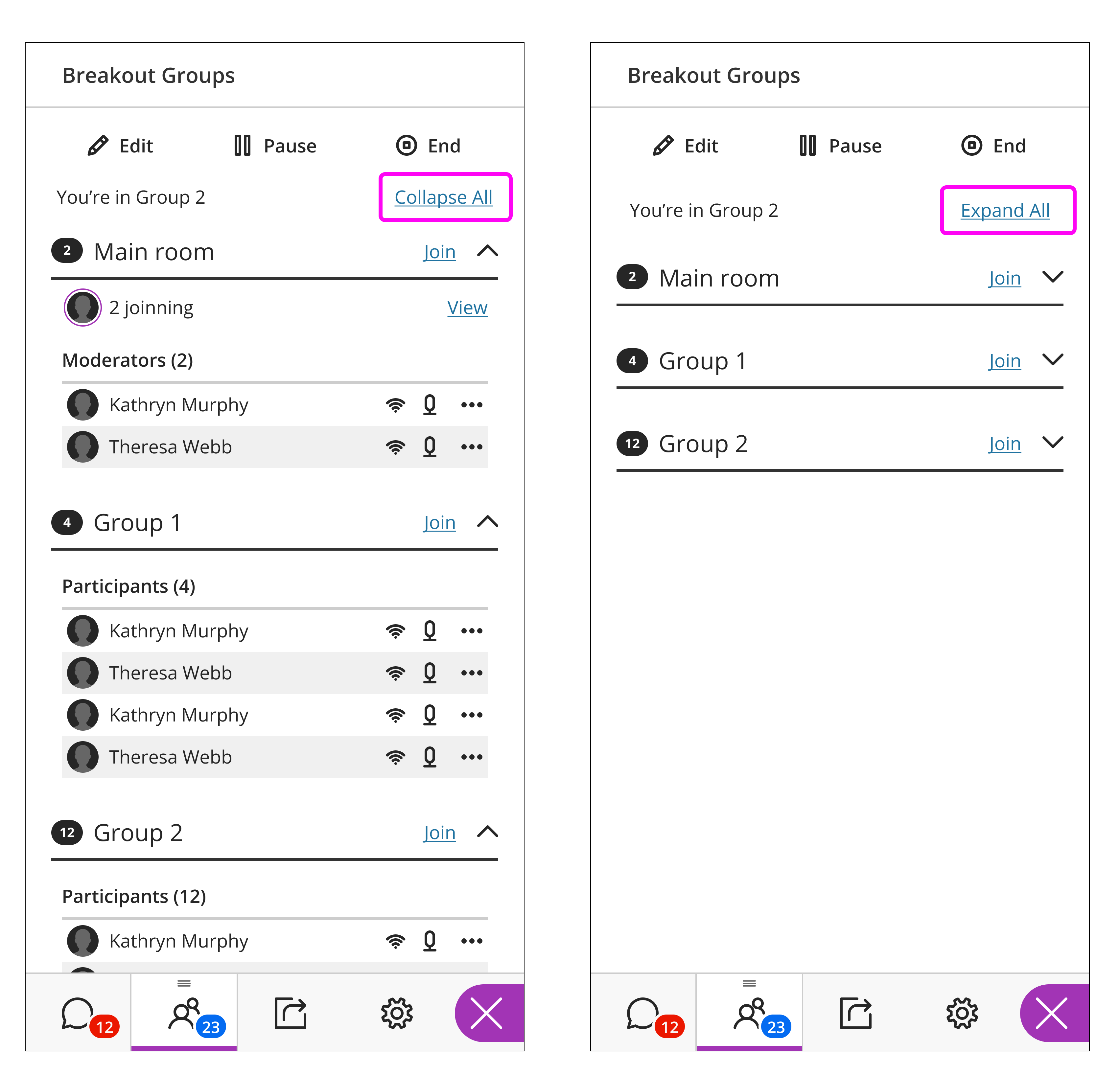 Two parallel screens of the Collaborate panel opened with a breakout groups list. Highlighted is the Collapse All button and the Expand All button which allows to have all the groups listed in a compressed single view.