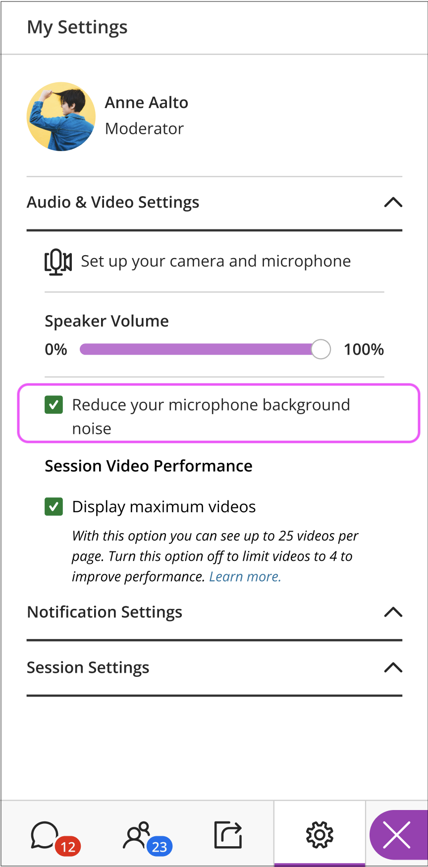 Open Collaborate panel with Audio and Video Settings expanded. Reduce your microphone background noise checkbox is marked.