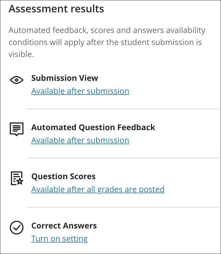 Assessment settings panel is open with the Assessment results section highlighted.