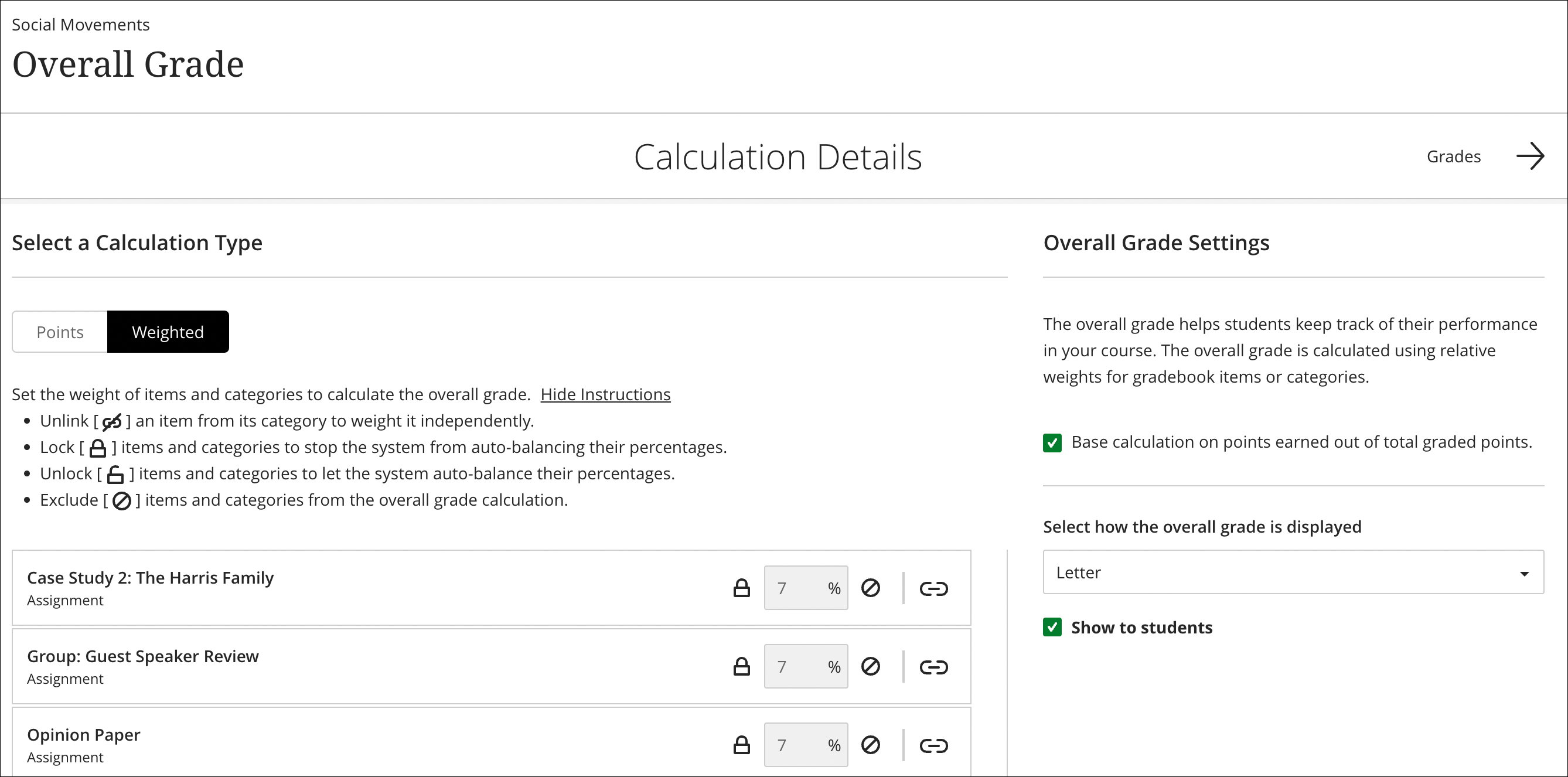 Overall grade page and settings panel