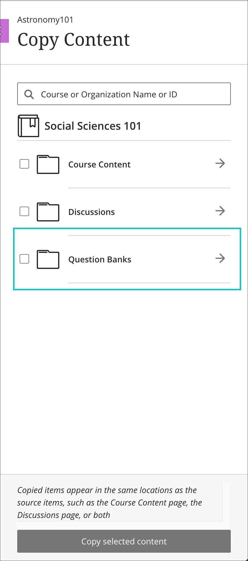 Question Banks folder option from Copy Content menu