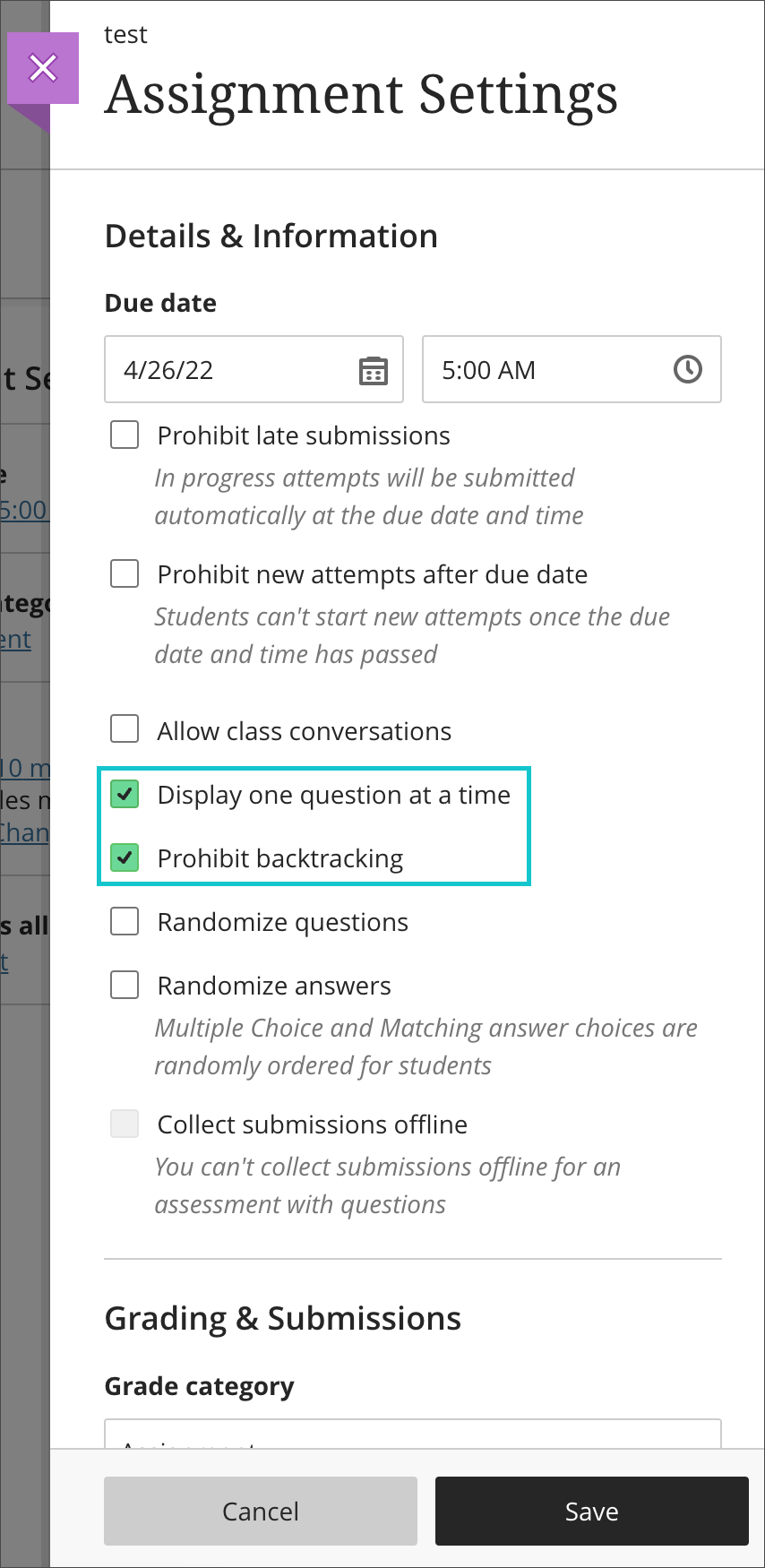 The boxes for display one question at a time and prohibited backtracking in assignment settings are ticked and highlighted. 