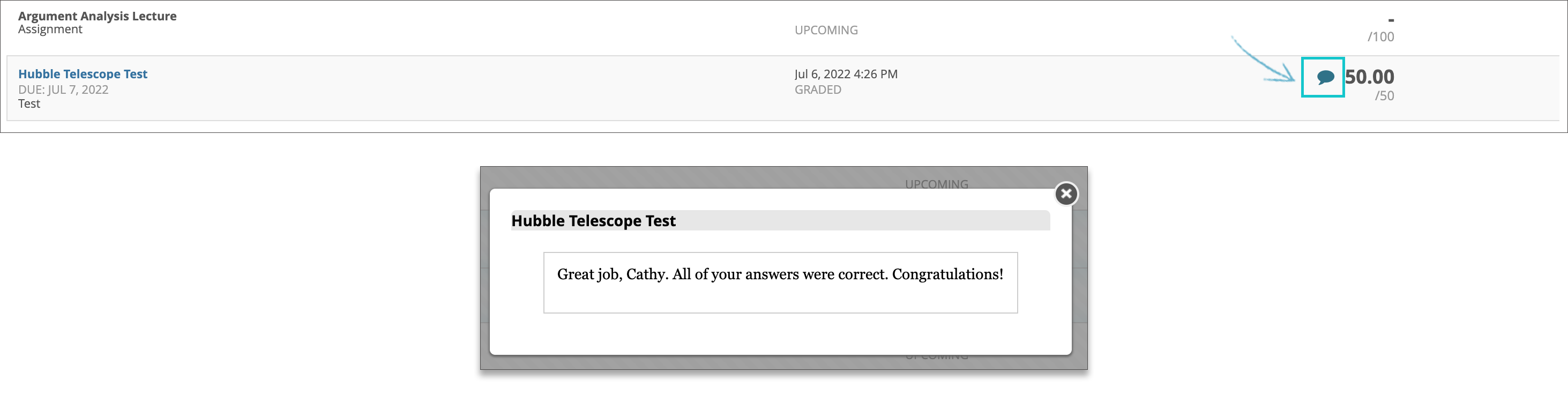 Students can now see the feedback provided by the instructor. A bubble icon is now visible for the test.