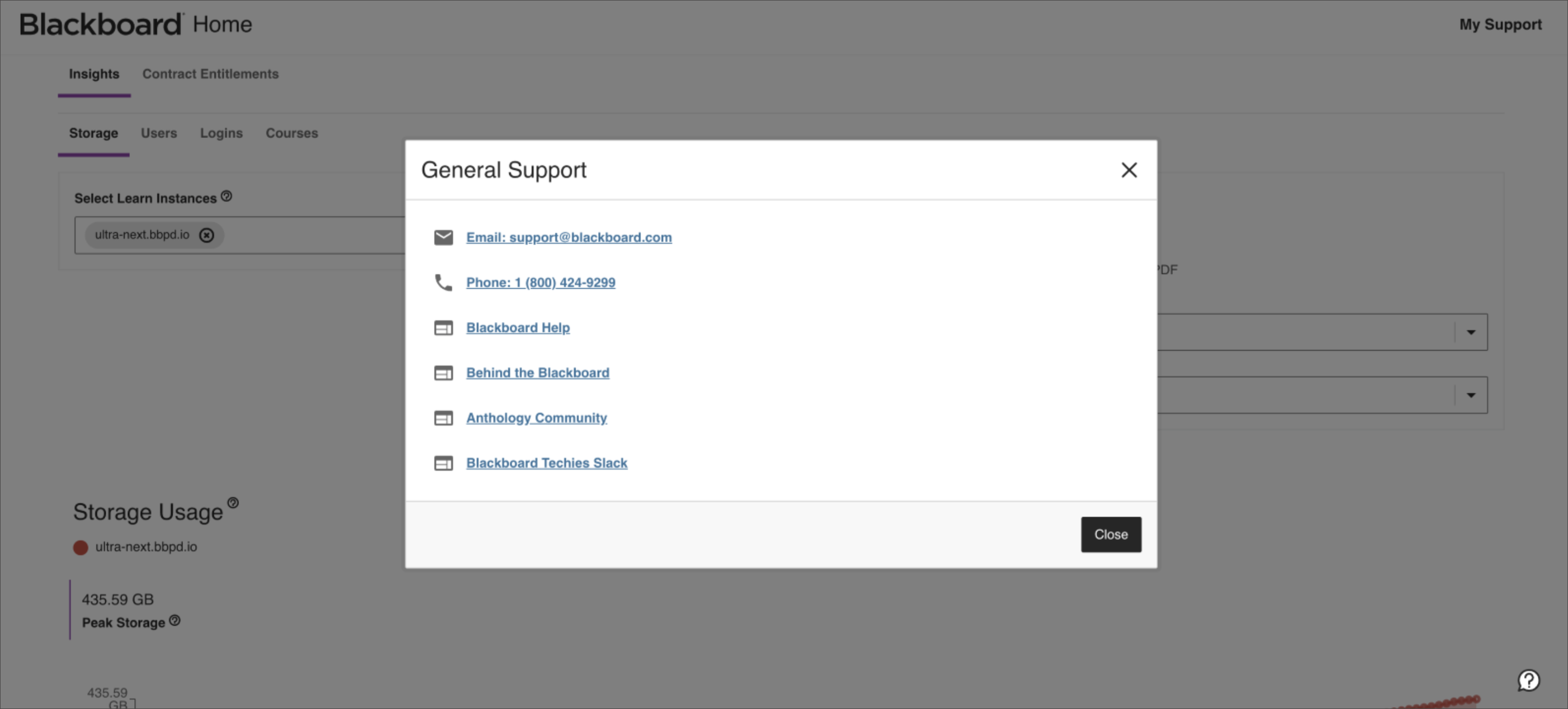 General Support menu view with more help options within the Blackboard Home page