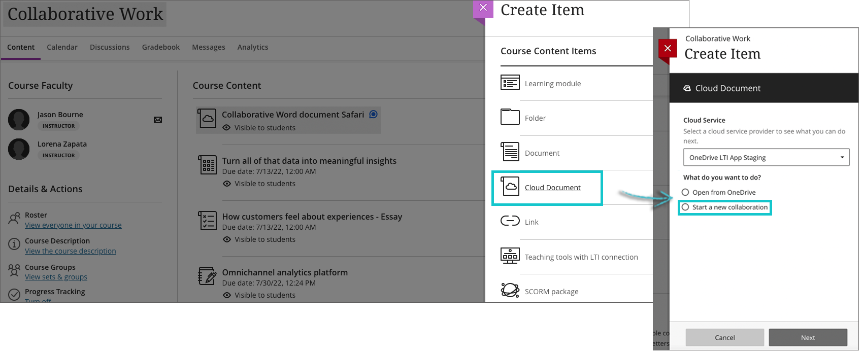 In the Course Content page, select Add Content, then Cloud Document and then Start a new Colaboration