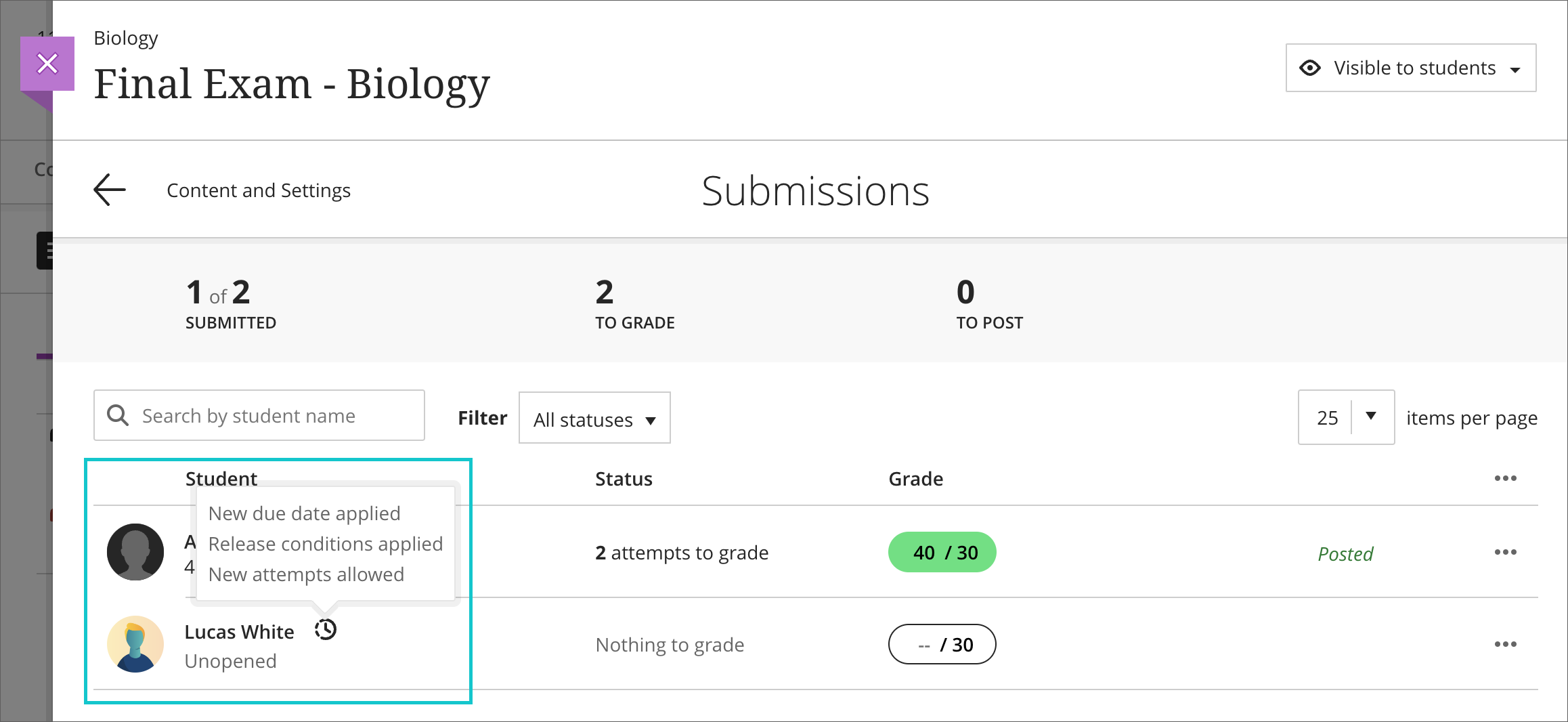 Submissions list view: clock icon for students with the due date exception