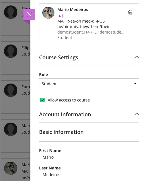 An instructor viewing the student details in the Ultra Course Roster sees both the student’s display name choice and first name (defined in the Student Information System).