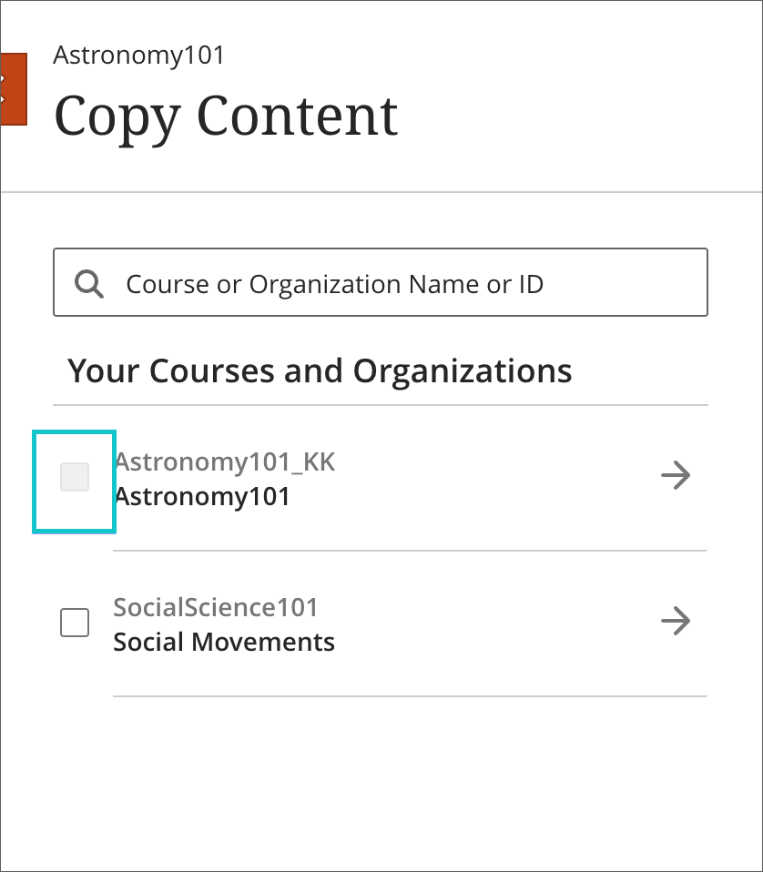Disabled checkbox to prevent copying an entire course into the same course