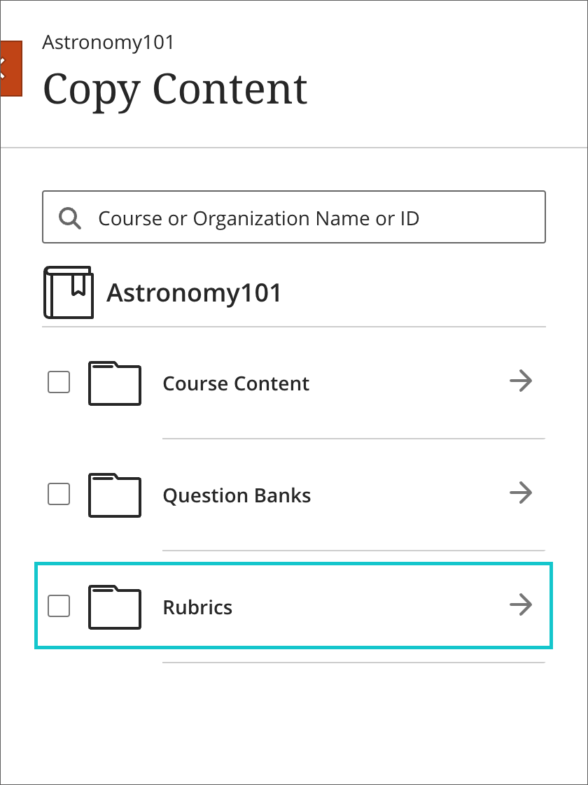 Rubrics folder option from Copy Content menu