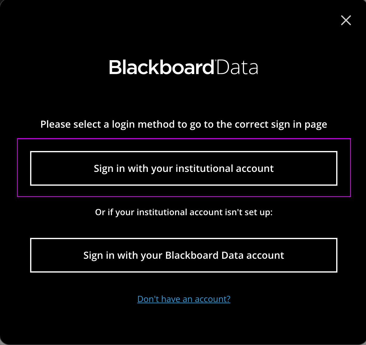 Blackboard Data Sign in screen highlighting Sign in with your institutional account 