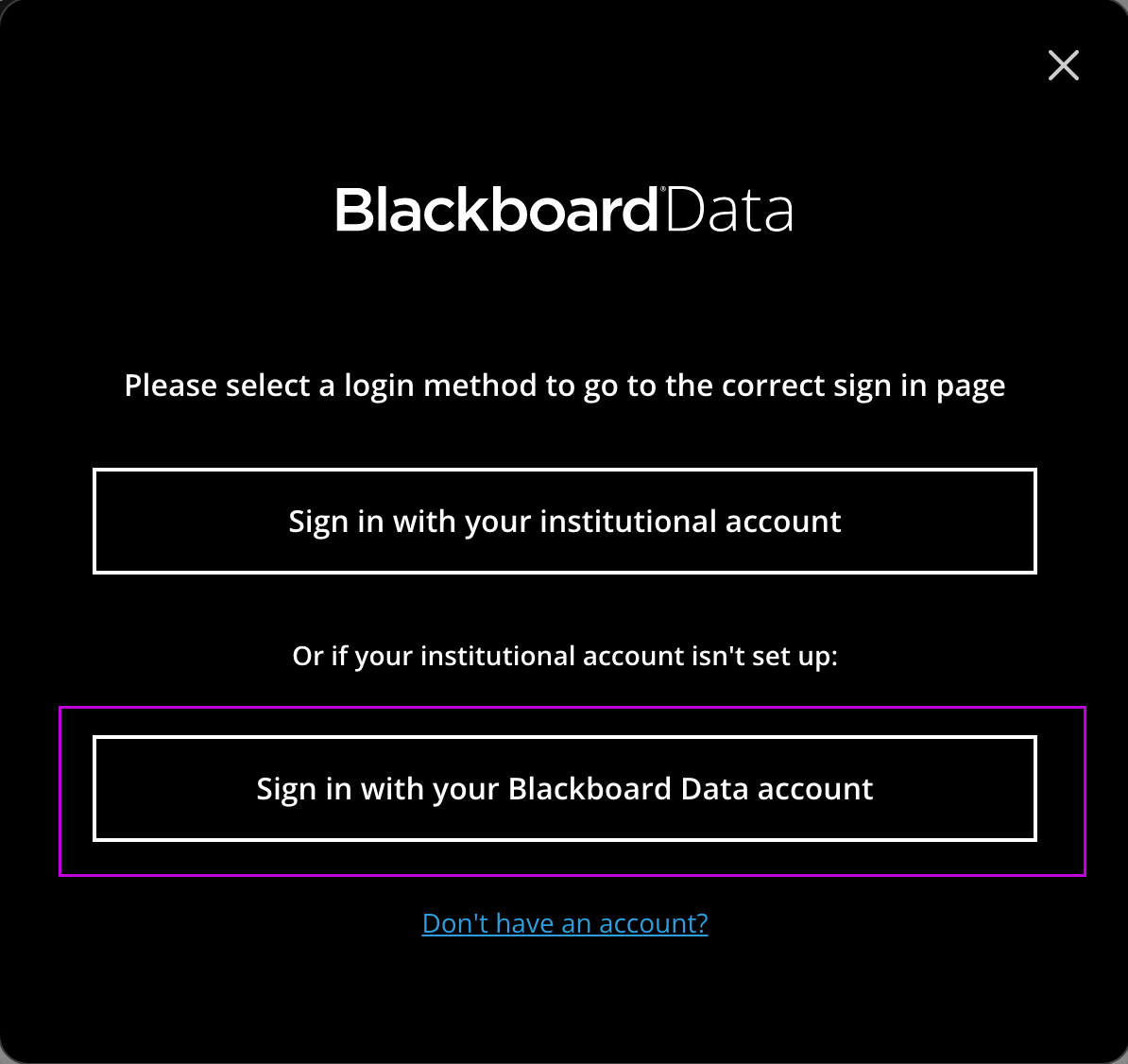 Blackboard Data sign in screen highlighting Sign in with your Blackboard Data account