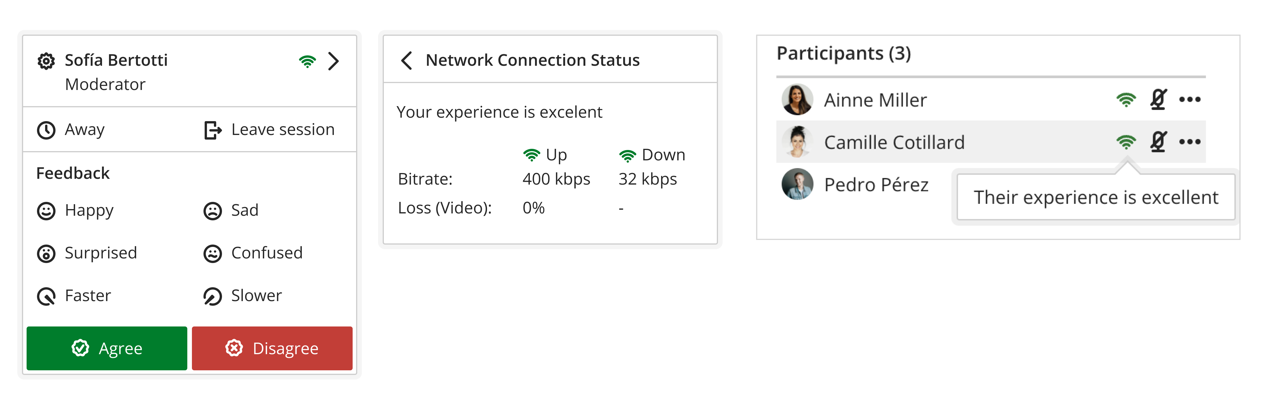 After opening the profile from the picture in the main toolbar, the network connection status is highlighted showing the quality of the experience.