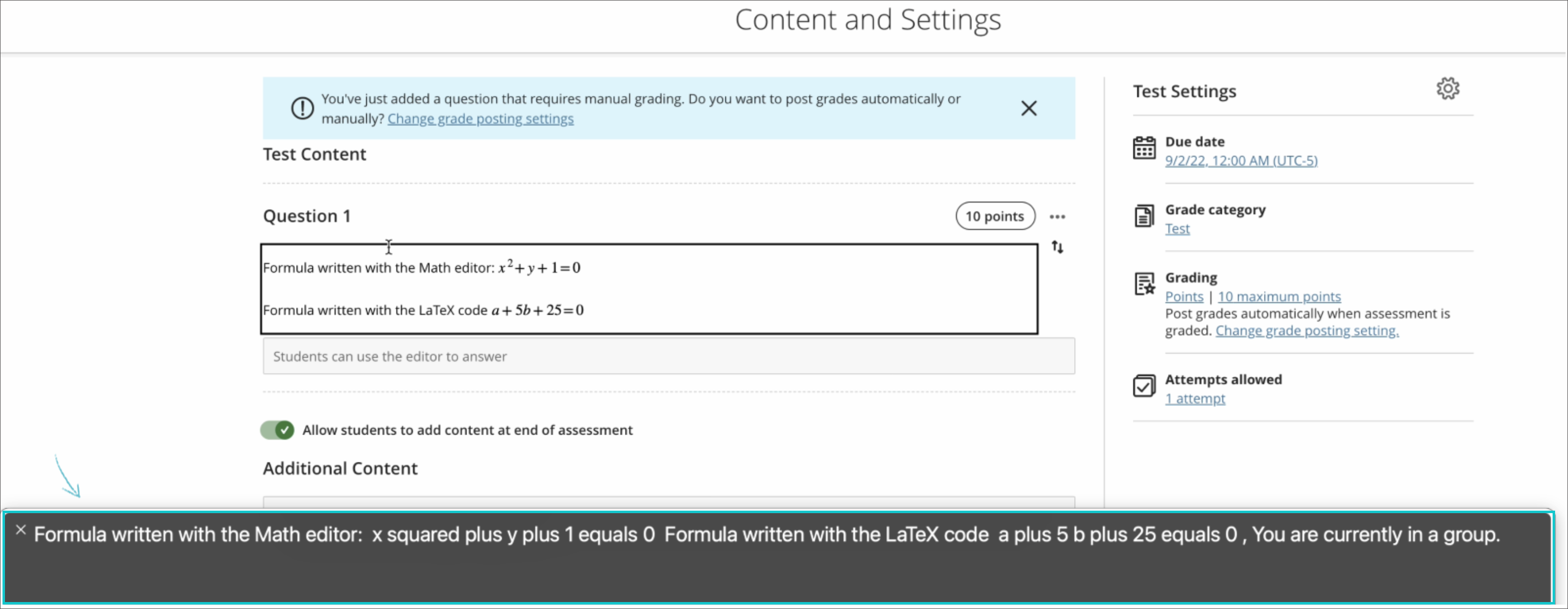 Math formulas added with the math editor and LaTeX equations read with screen readers